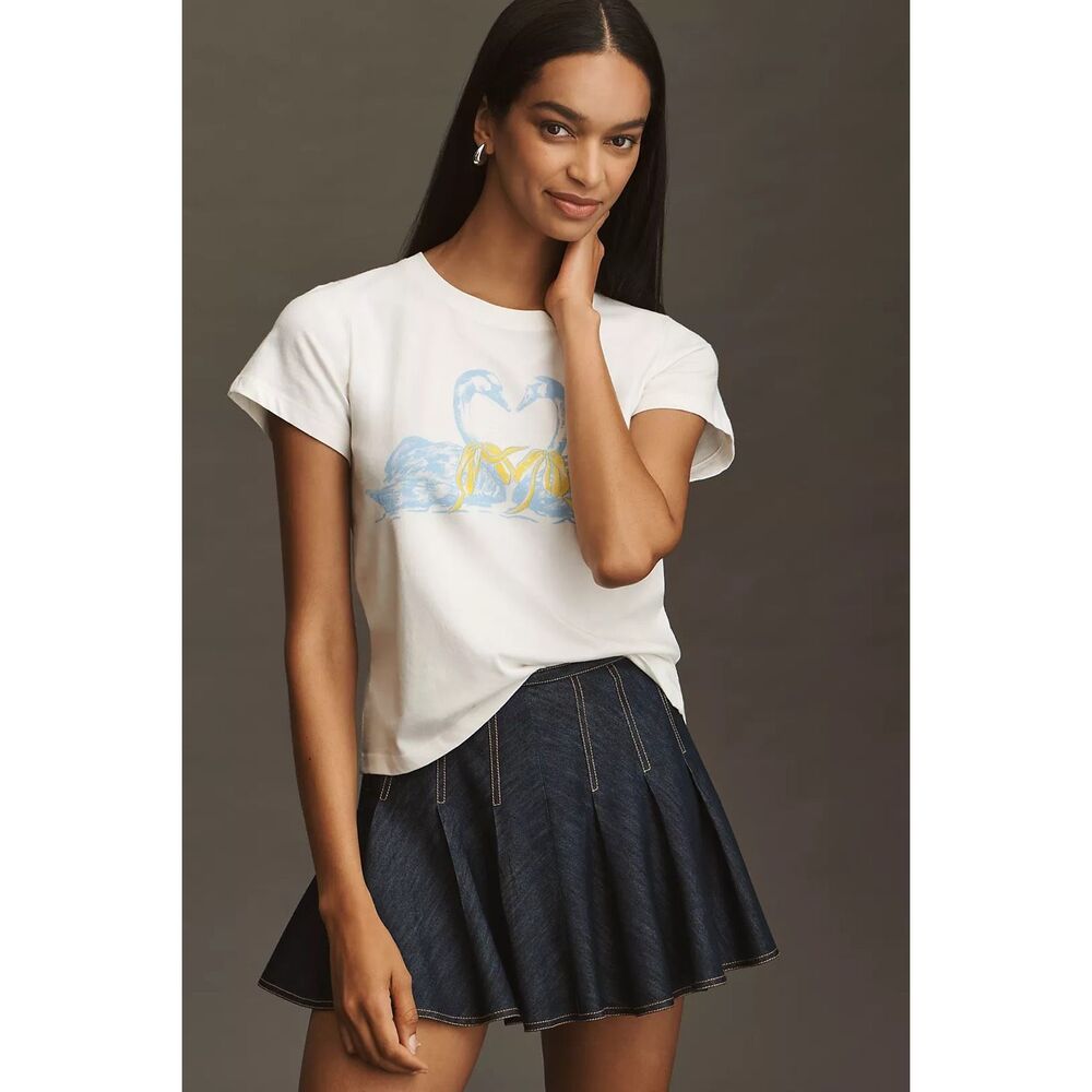 Anthropologie Swan Graphic Tee White Cotton Short Sleeve XXS NEW